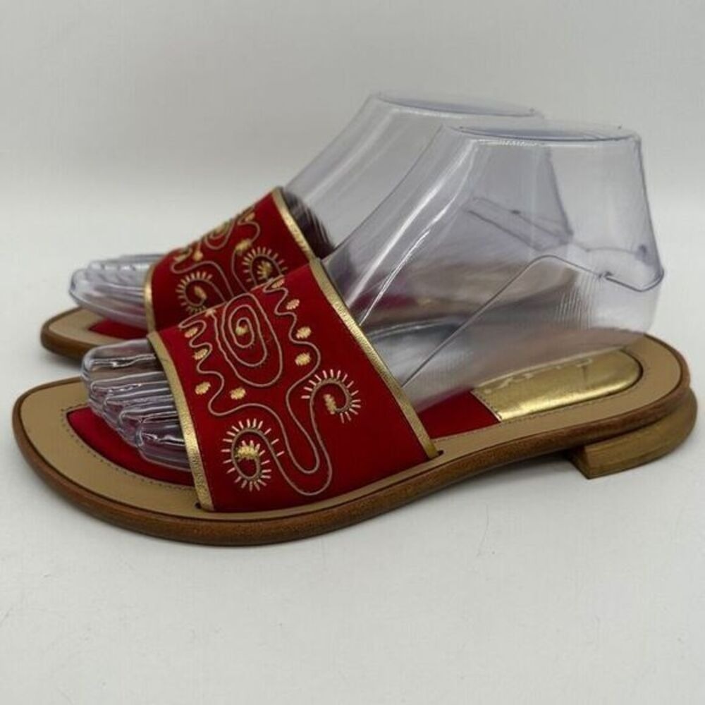 Shy Sandals Womens 36 US 5 Red Gold Flat Slide Open Toe Shoe Comfort Ladies NEW